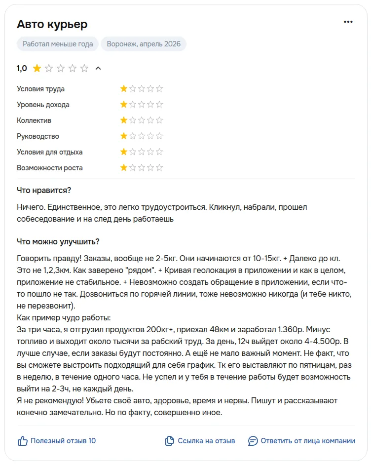 Скриншот отзыва: Dream Job, апрель 2026